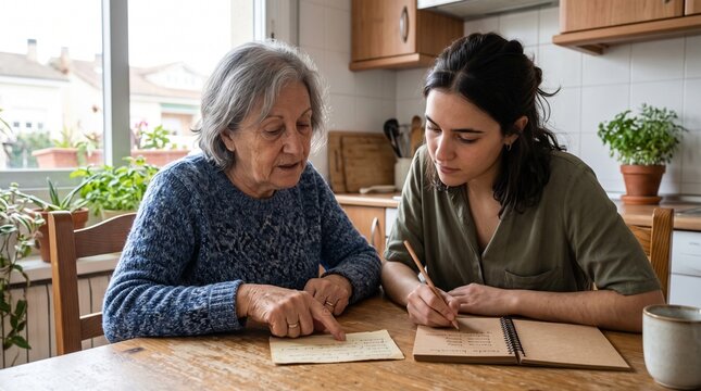 Young Tutor Helping Senior Woman Practice Written Spanish at Home