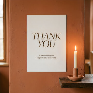 A minimalist thank you sign displayed on a terracotta wall next to a burning candle in a holder