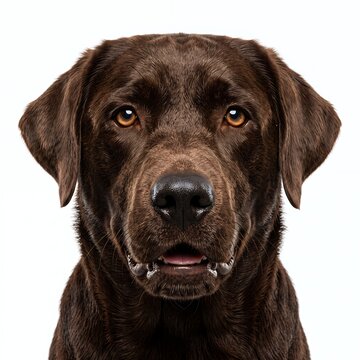Chocolate Labrador Retriever looking directly into the camera, rich dark chocolate brown fur, expressive warm brown eyes