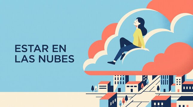 Spanish Idiom Estar en las Nubes Illustrated Above a City