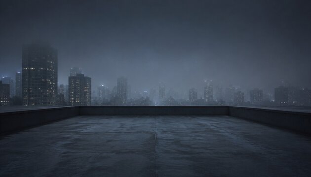 Foggy city skyline viewed from empty rooftop at night