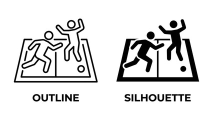 Fototapeta premium Sports Icon: Outline and silhouette icons depict people playing a sport on a field, representing action and competition