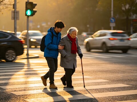 Young man helping a senior woman cross a city street at sunset