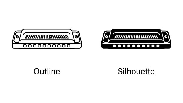 Harmonica Outline and Silhouette: Two stylized representations of a harmonica, one a clear outline and the other a stark black silhouette, illustrating musical instrument design and graphic elements.