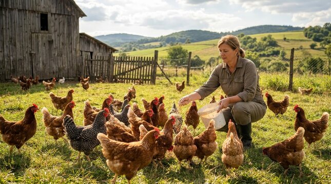 Female Farmer Feeding a Flock of Free Range Chickens in a Rural Barnyard