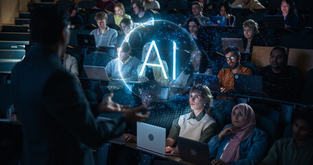 Rear View of a Professor Gesturing Toward a Glowing Ai Hologram Sphere While Lecturing Attentive Multiethnic University Students Working on Laptops in a Dark Tiered Auditorium Classroom. © Gorodenkoff