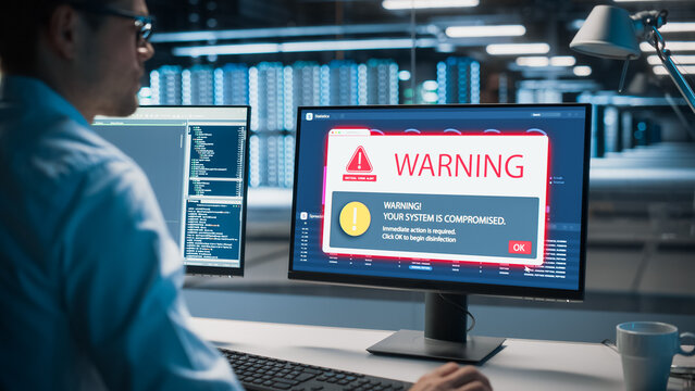 Male II Specialist in Glasses Faces a Critical Virus Alert on His Desktop Monitor, Reading a Red System Compromised Warning Pop-up While Working in a Modern Data Center Office.