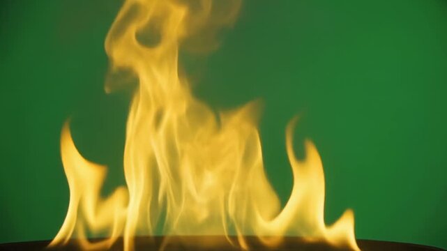 Fiery flames dancing with dynamic movement against a green screen backdrop
