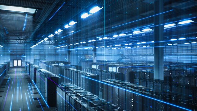 Cinematic Data Center, Server Racks with Glowing Blue Information Lines Stream Overhead. Visualizing Cloud Computing, Network Traffic, cybersecurity, cyber security, Cyber Secure Infrastructure