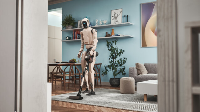 White Bipedal Android Pushing a Cordless Stick Vacuum Across a Textured Carpet in a Turquoise Apartment With Floating Shelves and Dining Table, Illustrating Robotic Chores and Future Living.