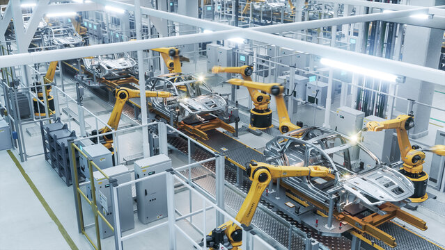 Diagonal Overhead Shot of Yellow Welding Robots Fusing Metal Car Skeletons on a Moving Conveyor Track Surrounded by Control Cabinets and White Guardrails in a Digital Vehicle Factory.