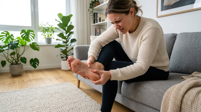 Woman sitting on a couch holding her bare foot and experiencing pain in her sole generated using ai