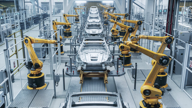Industrial Robotic Arms Weld and Assemble Autonomous Cars on Production Line, Modern AI Enhanced Smart Factory. Automated Manufacturing, Precision Robotics, Industry 4.0 Automated Vehicle Assembly