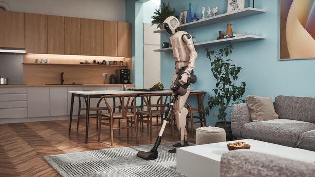 Humanoid Service Robot Vacuums an Apartment Living Room.  Smart Home Cleaning Automation Concept, Domestic AI Assistant, Futuristic Housekeeping, Stylish Interior, Modern Lifestyle Technology
