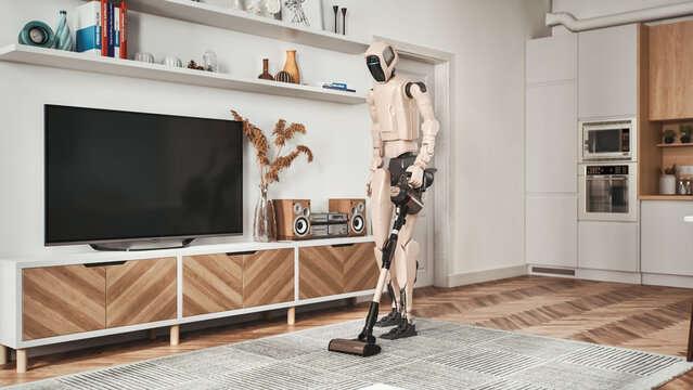 Humanoid Robot Cleans Apartment, Pushing a Cordless Stick Vacuum Across a Rug and Wood Floor Beside Sofa and Dining Table. Smart Home Housekeeping, Domestic Automation, AI Assistant, IOT Tech