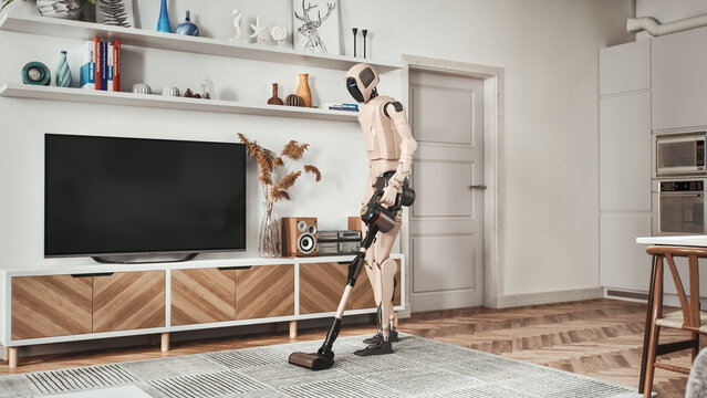 Humanoid Robot Grips a Cordless Stick Vacuum and Cleans the Floor, How AI Powered Domestic Assistants Take Over Everyday Household Duties in a Contemporary Home.