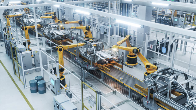High Angle Panorama of an Unmanned Smart Factory Where Industrial Robots Spot Weld Unpainted Car Chassis Traveling on Rollers Past Fenced Machinery and Blue Lubricant Barrels.