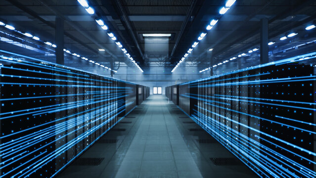 Symmetrical Perspective Down a Data Center Aisle as Bright Blue Fiber Optic Light Trails Shoot Along Towering Server Cabinets Under Ceiling Strip Lamps, Depicting Rapid Network Traffic.