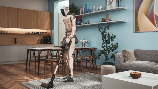 White Humanoid Robot Operates a Cordless Stick Vacuum Cleaner, Performing Autonomous Floor Cleaning Chores as an Ai-powered Household Assistant Demonstrating Next Generation Domestic Automation.
