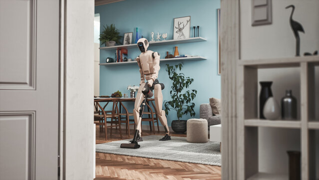 Humanoid Domestic Robot Vacuuming  Rug in a Modern Living Room. Showcasing AI Household Help and Smart Home Automation.