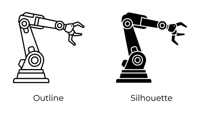 Robotic Arm Icons: A set of iconic representations of a robotic arm, showcasing both an outline and a solid silhouette, symbolizing automation and advanced technology.