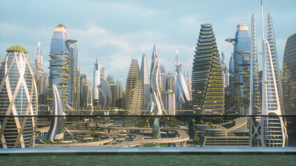 Fototapeta premium Sunlight Sweeps Across a Green Smart City Panorama Where Terraced Skyscrapers Grow Vertical Gardens, Curving Flyovers Loop Past Landing Pads and a Glass Balcony Rail Frames the Sustainable Skyline