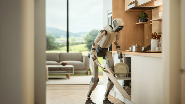 Humanoid Service Robot Loads Dishwasher in Kitchen, Placing Plates Inside, Organizing Dishes on Racks. Smart Home Automation, Domestic Help, Futuristic Housekeeping, Apartment Interior With Window
