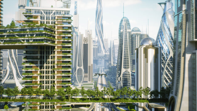 Drone Hovering Above a Tree Lined Boulevard Between Curving Glass Towers Draped in Living Greenery in a Bright Green Metropolis, Showcasing Biophilic Design and Next Generation Urban Planning