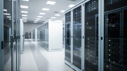 White Modern Data Center Server Room. Diagonal Aisle Between Tall Glass Door Cabinets Reveals Densely Stacked Compute Modules and Drive Bays as Ventilated Floor Grilles Cool Hardware Running Ai Models