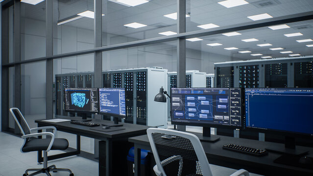 White Modern Data Center Server Room. Unoccupied Monitoring Workstation Behind Glass Partition Where Displays Present Neural Network Diagrams, Code Editors and Performance Metrics Server Cabinets.
