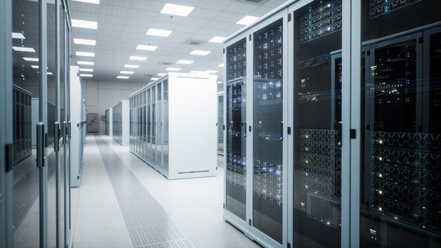 White Modern Data Center Server Room. Diagonal Aisle Between Tall Glass Door Cabinets Reveals Densely Stacked Compute Modules and Drive Bays as Ventilated Floor Grilles Cool Hardware Running Ai Models
