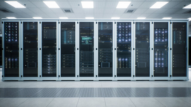 Modern Data Center with Continuous Row of Glass Fronted Server Cabinets Housing Stacked Compute Nodes and an Embedded Status Screen, With Perforated Floor Tiles Channeling Air Through the Ai Facility.