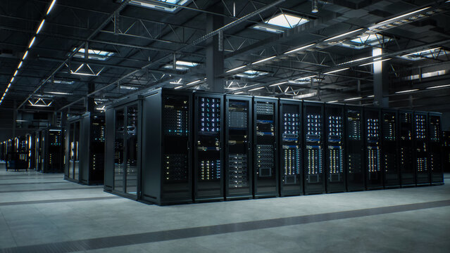 Modern Data Center Server Room. Corner Perspective of an Enclosed Server Pod on a Polished Floor Where Rows of Cabinets Filled With Storage Arrays and Network Switches Process Machine Learning Tasks.
