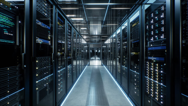 Modern Data Center Server Room. Narrow Cold Aisle Between Glass Fronted Server Racks Recedes to a Vanishing Point as Perforated Floor Grating Channels Cooling Air Past Blade Servers Running Ai Models.