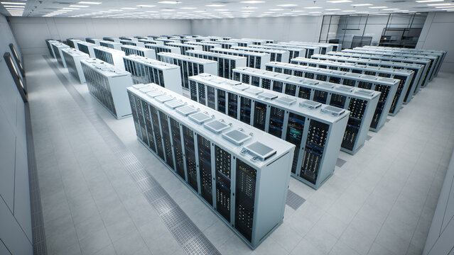 White Modern Data Center Server Room. Diagonal Overhead Sweep Across Repeating Aisles of Rack Mounted Compute Cabinets Topped With Service Terminals, Grated Cooling Channels.