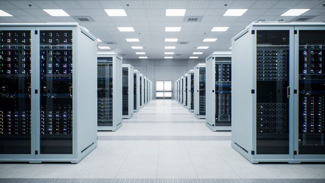 White Modern Data Center Server Room. Symmetrical Corridor View Down a Central Walkway Framed by Twin Rows of Enclosed Server Racks, Leading Toward Sealed Double Doors Beneath Ceiling Panel Lighting.