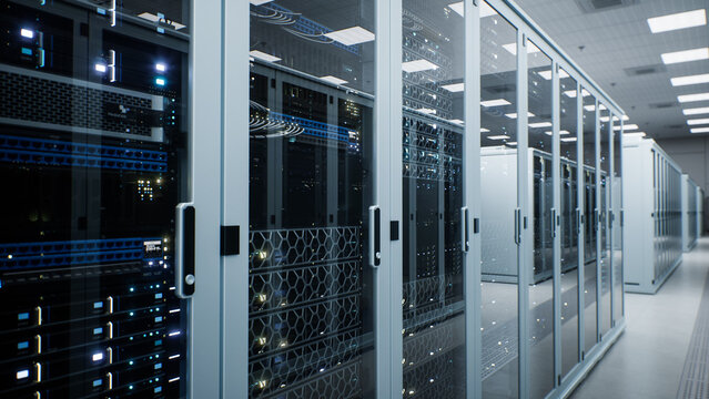 White Modern Data Center Server Room. Close up Along a Receding Line of Locked Enclosures With Transparent Doors Exposing Power Distribution Units, Cable Harnesses and Vent Panels Cooling Ai Hardware.