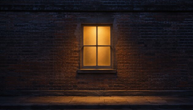 Warm glowing window on dark brick wall at night