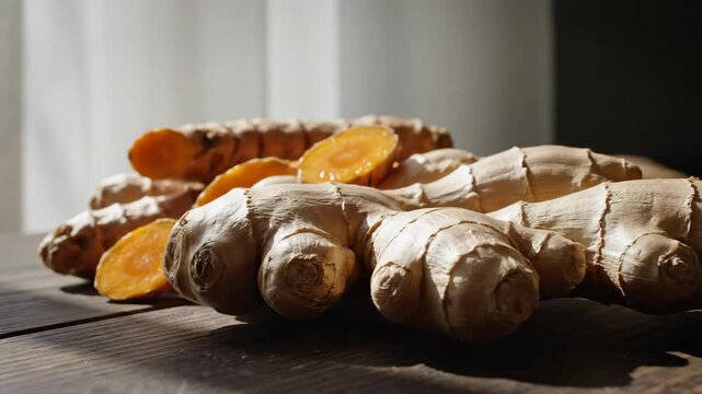 Whole ginger dominates a low rustic still life as turmeric slices glow softly behind it, revealing dry creases, blunt nodes and vivid interiors across dark timber beneath dramatic window illumination