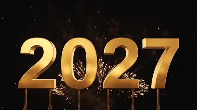 Golden 2027 numbers with festive fireworks in night sky