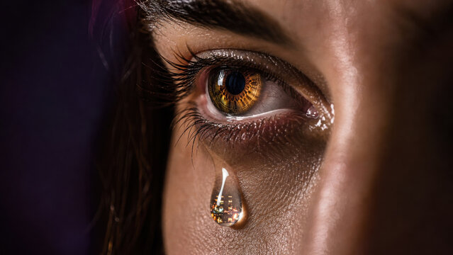 Close up of a woman's eye with a single tear rolling down her cheek in dark generated using ai