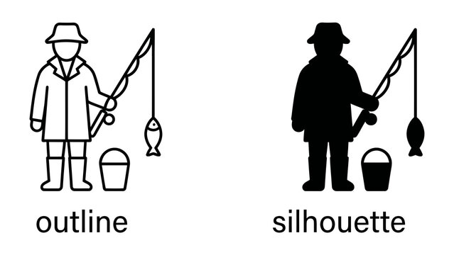 Fisherman with Catch: An illustration showing a fisherman holding a rod with a fish on the line, next to a bucket, presented in both outline and silhouette style.