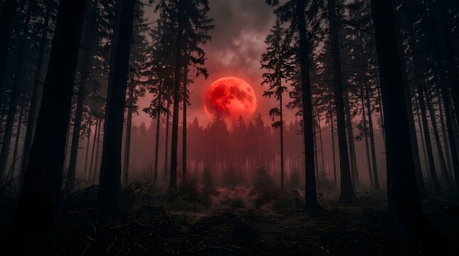 A spooky dark forest with a glowing red moon perfect for a mysterious happy halloween holiday background design