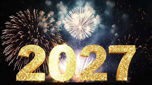 Golden 2027 numbers with festive fireworks in night sky