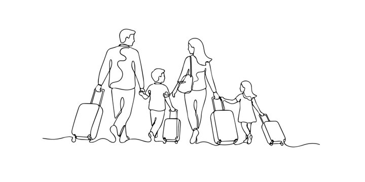 Single line drawing of a family with luggage. Continuous line drawing of parents and two children walking with suitcases from behind. Perfect for family vacation themes. Vector illustration.