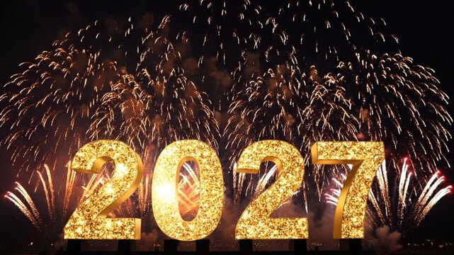 Golden 2027 numbers with festive fireworks in night sky
