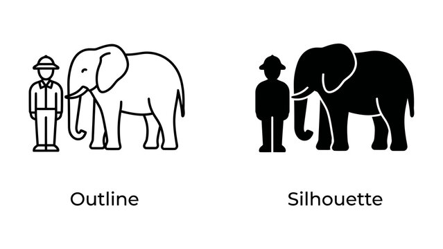Elephant and Man Comparison: An outline and silhouette illustration showing an elephant next to a person, highlighting the significant size difference between the two.