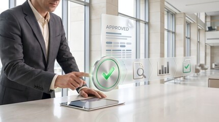 Fototapeta premium Automated project approval and document sign off workflow concept featuring a businessman touching a virtual checkmark