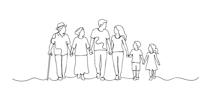 Single line drawing of a three-generation family walking together. Continuous line drawing of grandparents, parents, and a child walking side by side. Celebrating family unity across generations.