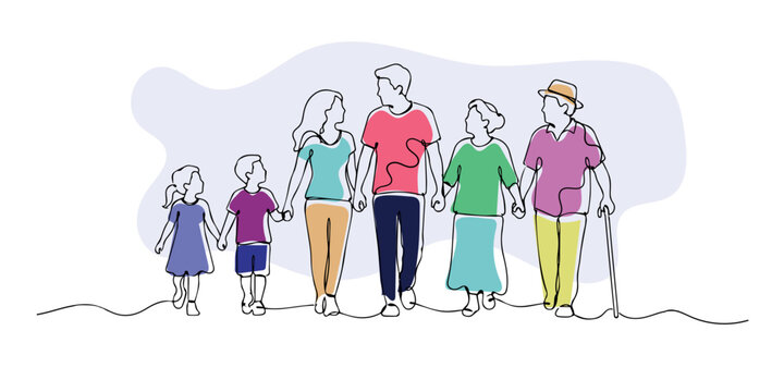 Single line drawing of a three-generation family walking together. Continuous line drawing of grandparents, parents, and a child walking side by side. Celebrating family unity across generations. 